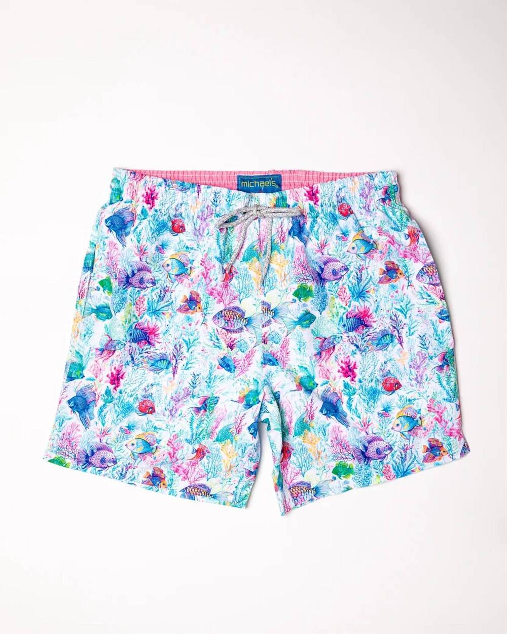 NEW MICHAEL'S SWIMWEAR men's cyclist fish jungle liner swim trunks in white